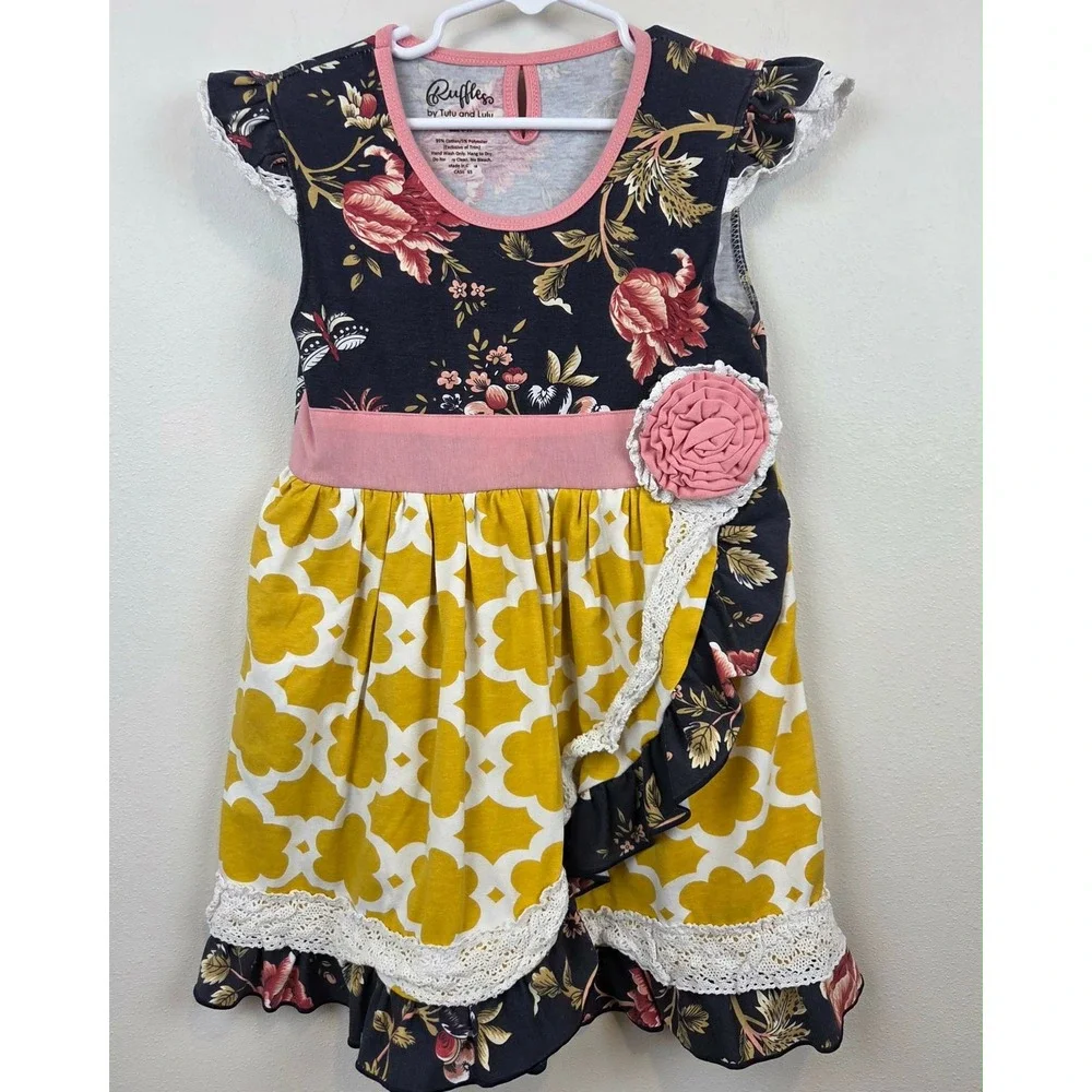 Ruffles by Tutu and Lulu Girls Floral Lace Ruffle Dress Pink Yellow Size 6-7Y